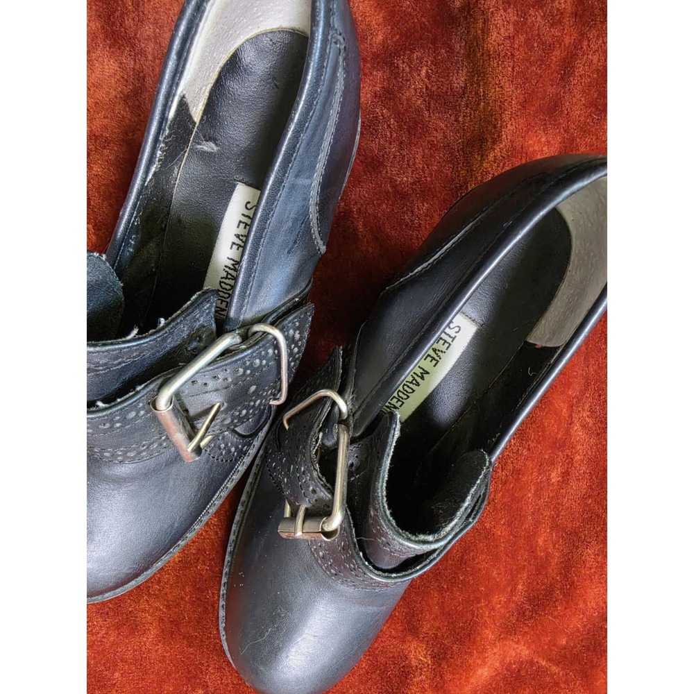 Vintage 90s Steve Madden Heeled Loafers Platform Leather Black Chunky 7 Maple - Picture 11 of 15